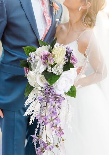 Bridal Bouquet,9 Inch Wedding Bouquets Purple and White Fake Wedding Silk Flowers for Ceremony Anniversary Brides Shower(Purple) - color: Purple