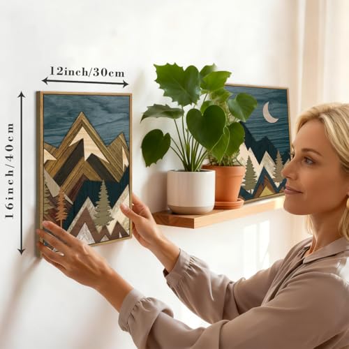 BINCUE Boho Mountain Wall Art Framed Landscape Wall Decor Modern Nature Artwork Mountains Wall Pictures Moon Art Landscape Paintings Rustic Prints for Farmhouse Bedroom Living Room Office 12x16 Inch 3 Piece - color: Framed Mountain, size: 24"L x 16"W