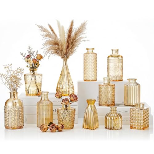 12 Pcs Clear Bud Vases Set, Small Vintage Glass Clear Bud Flower Vases Bulk Multiple Shape Cute Mini Glass Bottles Vases for Rustic Wedding Centerpieces Table Decorations and Home Decor (12, Gold) - color: Gold