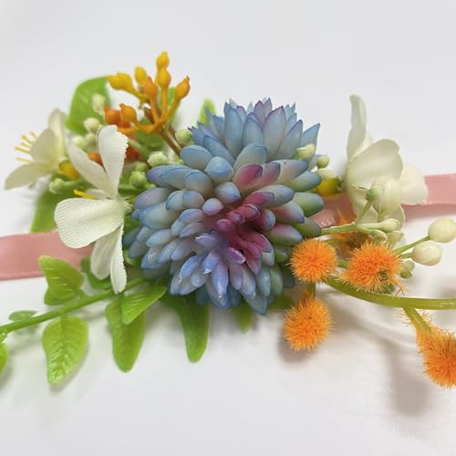 Corsage and Boutonniere Set, Handmade Artificial Peony Rose Wrist Corsage Wristlet and Groom Boutonniere for Men Wedding Prom Suit Decorations (Blue Succulent) - color: Blue Succulent