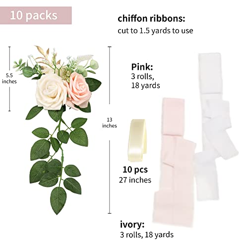 Wedding Aisle Decorations - Set of 10 Pew Flowers - Artificial Roses & Eucalyptus - Pink & Cream - 5.5" x 13" - Elegant Traditional Modern Style - Chair Flowers - color: Pink