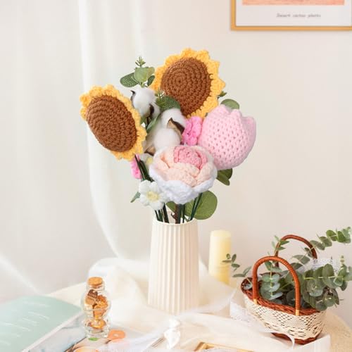 Foyucool Crochet Flower Bouquet, Orange Handmade Knitted Flowers with Gift Bag, Sunflowers Roses Cotton Tulip Buds Daisies for Father's Day Anniversary Birthday Graduation Valentine's Day - color: Orange