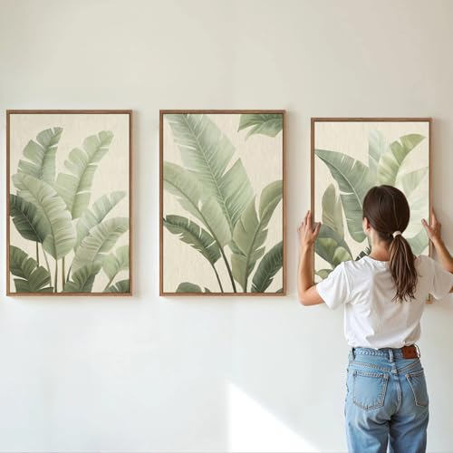 Rantodecor Sage Green Framed Canvas Wall Art, Minimalist Tropical Leaf Wall Decor, Boho Beige Nature Leaf Art Paintings, Bohemian Triple Panel Plant Artwork for Bedroom Living Room Office 24"x36"x3 - color: Sage Green Leaf, size: 36"x24"