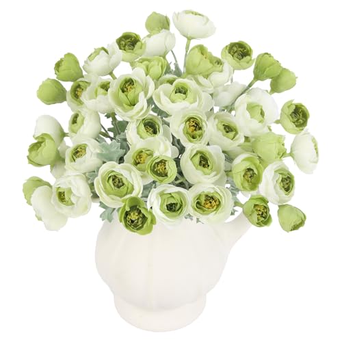 Mini Peonies Artificial Flowers, 3 Bundles Silk Faux Ranunculus Flower, 42 Heads Artificial Peonies with Stems for Home Office Dining Table Wedding Spring Centerpiece Decor(White Green) - color: White Green