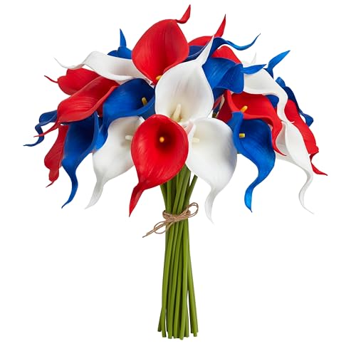 Artificial Calla Lily Flowers, Real Touch Red White and Blue Fake Calla Lilies, Patriotic Floral Centerpieces for 4th of July Decorations, Memorial Day Grave Cemetery Decor (12 Pcs) - color: Independence Day