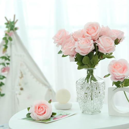 Felice Arts 12 Pack Light Pink Artificial Flowers Baby Pink Roses Fake Flowers Bouquet with Stems Silk Roses for Wedding Baby Shower Party Table Vase ValentineMother's Day DIY Decor - color: Pink