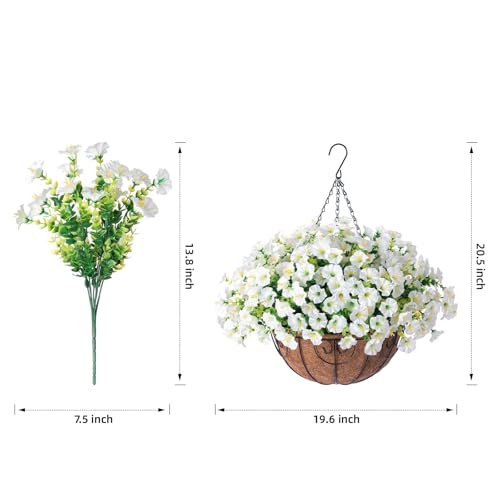 Artificial Fake Hanging Flowers Plants Baskets Spring Outdoor Decor, Outdoor Faux Silk White Morning Glory Eucalyptus in Planter UV Resistant Realistic for Outside Porch Patio Balcony Garden Yard Home - color: B White