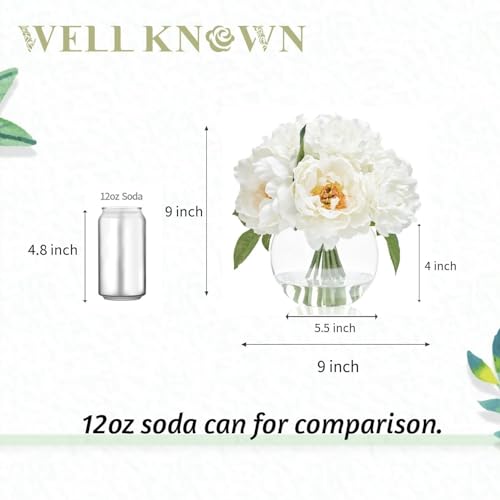 WELL KNOWN Artificial Flowers in Vase, Silk White Peonies Flowers with Glass Vase & Faux Water, Fake Flower Arrangement for Home Table Centerpieces Spring Wedding Party Decor Mom's Birthday Gift - color: Ivory White