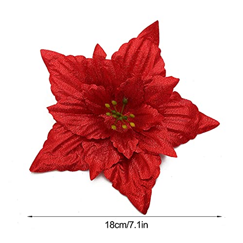 Eeghurt 10 Pcs Christmas Glitter Poinsettia Artificial Flowers Decorations with 10 Pcs Clips, 7.1 Inches Large Fake Double Layer Flowers Wedding New Year Ornaments for Xmas Tree Decor, Yellow.