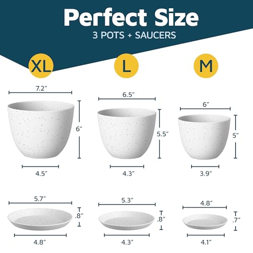White Grey Plant Pots with Drainage Holes & Saucers 3 Pack, Indoor & Outdoor Stackable Space-Saving Planters for Houseplants & Flowers, (7", 6.7", and 6" Inches), Durable & Weatherproof Materials - color: White Gray, size: Pack of 3