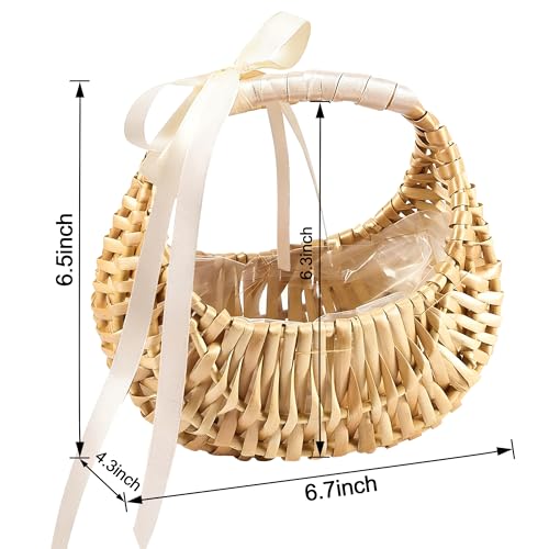 3 Pack Wicker Flower Girl Baskets,Wicker Wedding Basket with Handle Silk Ribbon,Small Half Moon Wicker Flower Basket 6.5" x6.7" x4.3"for Wedding Party Picnic Home Decor - size: Half Moon Basket