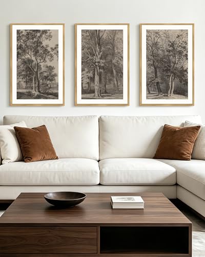 PHOPAGO Vintage Tree Framed Wall Art Large 16x24in Retro Forest Wall Decor Nature Wilderness Sketch Paints Modern Bedroom Living Room Decor - Natural Framed - color: Brown Tree, size: 24L" x 16W" x 3 Pcs Natural