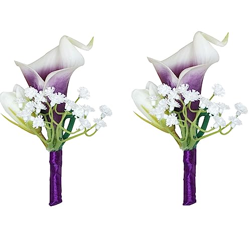 2PCS Calla Lily Boutonniere for Men Wedding with Pins, Artificial Purple Calla Lily Groom Groomsman Boutonniere Corsage Flower for Wedding Ceremony Anniversary Prom Party Suit Decor - color: Calla Lily Boutonniere Pack of 2