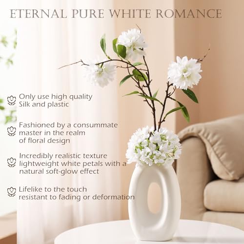 Joeabor Fake Flower Bouquet and Vase Set, Faux Flower Arrangement for Decorating Living Room and Offices, Realistic Artificial Flowers Made of Silk & Plastic, Floral Decoration with White Blossoms - color: White