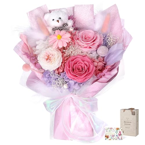 Preserved Flowers Bouquet with Bear, 3 Real Forever Flowers for Delivery, Long-Lasting Sweet Pink Eteranl Roses Bouquet, Anniversary Birthday Gifts for Women Mom Her Girlfriend Wife - color: Soft Pink