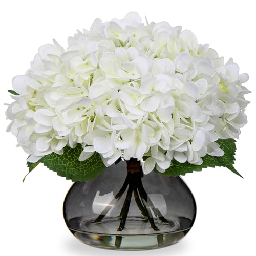 Hollyone Hydrangea Artificial Flowers with Glass Vase White Silk Faux Flowers Arrangements with Faux Water Fake Floral Bulk Bouquet for Home Decor Table Centerpiece Decorations - color: Hydrangea, White and Black