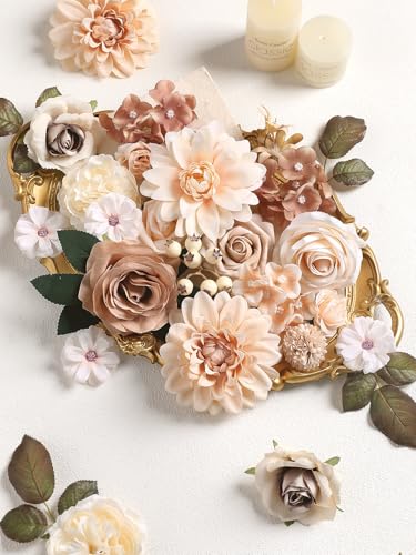 rongflower Artificial Flowers Combo Nude Brown Silk Flowers Dahlia & Rose with Stems for DIY Wedding Bridal Bouquets, Baby Shower, Floral Arrangement, Table Centerpieces, Home Decorations - color: Nude Brown