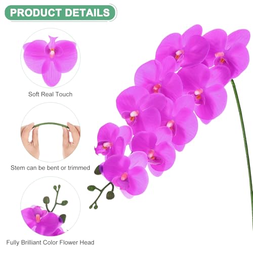 M METERXITY 6-Pack Artificial Orchid Flowers 9 Large Petals 37 Inch Faux Phalaenopsis Silk Bouquets Real Touch Dark Purple Fake Orchids for Home/Wedding/Christmas/Party/Garden Office - color: Dark Purple