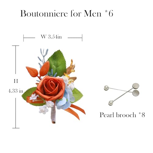 Marriwise 6pcs Rose Boutonniere for Men, Artificial Flowers Terracotta & Blue Wedding Groom Groomsmen Boutonniere for Wedding/Anniversary/Prom/Rustic Wedding/Homecoming (Terracotta & Blue) - color: Terracotta & Blue