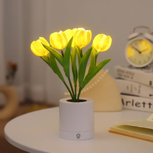 WSYEAR Flower Table Lamp Tulip Desk LED Night Light for Home Living Room Decor Artificial Flower with Vase Table Centerpieces for Birthday Holiday Party Wedding Room Decoration - color: Yellow tulip