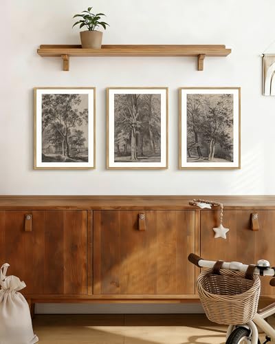 PHOPAGO Vintage Tree Framed Wall Art Retro Forest Wall Decor Nature Wilderness Sketch Paints Modern Bedroom Living Room Decor - 11x14in Natural Framed - color: Brown Tree, size: 14L" x 11W" x 3 Pcs Natural
