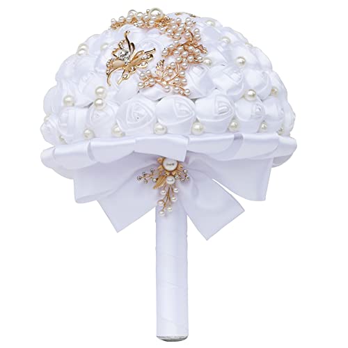 Sharebeauty 9.4 Inch Handmade Satin Rose Bridal Bouquet Toss Round Wedding Bouquet Throw Toss Artificial Flower Bunch White - color: W322g11 White, size: 9.4 inches / 24 cm