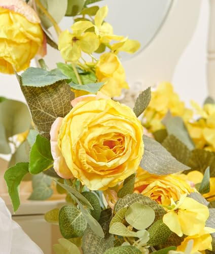 PONKING Flower Garland Artificial Rose & Hydrangea Vine Hanging Fake Flowers Vines for Wedding Birthday Party Valentines Christmas Room Wall Arch Decor, 1 Rose & 1 Hydrangea Yellow Floral Garland - color: Large Rose & Hydrangea Yellow Vines 5.4ft