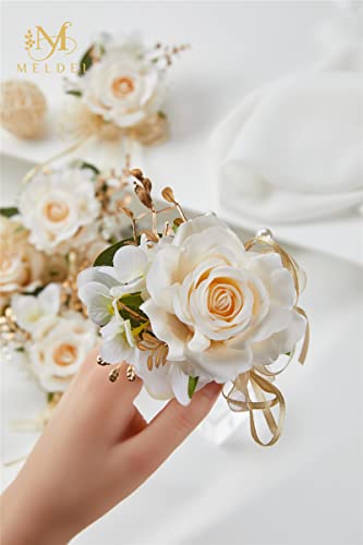 Women Champagne Faux Rose Wrist Corsages Set 6Pcs for Wedding Prom | Silk Flowers With Pearl Wrist for Brides, Bridesmaids & Mothers, Artificial Roses for Homecoming Ceremony Anniversary Party - color: Light Champagne Wrist Corsages 6pcs