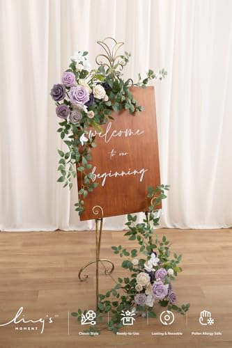 Ling's moment 2pcs Wedding Flowers Garland Artificial Floral Swag Arch Decorations Greenery Arrangements Lilac & Gold Ceremony Reception Garden Easel Wall Home Entryway Outdoor NOT Include Sign - color: Lilac & Gold