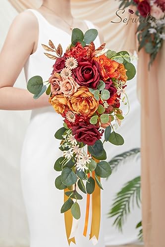 Serwalin 9.8 Inch Wedding Bouquets for Bride Bridesmaid, Orange Burgundy Dahlia Bridal Bouquets for Bride, Wedding Flowers Bouquet, Wedding Ceremony and Anniversary Decor - color: Abundant Orange Burgundy
