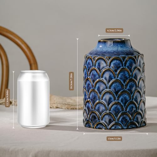 Ceramic Flower Vase, 7.28” Vintage Blue Pottery Vase for Home Decor, Rustic Textured Vase for Pampas Grass, Living Room, Entryway, Mantel, Kitchen Table, Centerpiece - color: 203-blue