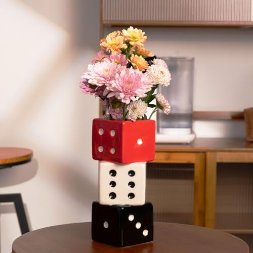 MOUGIGI Funky Dice Vase - Unique Ceramic Home Decor for Bars| Stylish Black, White & Red Geometric Design | Perfect for Fresh, Dried, or Artificial Flower Arrangements | Ideal Gift for Art Lovers - color: Red, White and Black Dice Vase