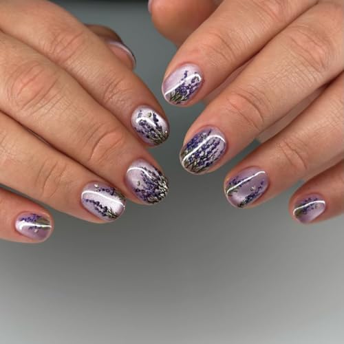 24Pcs Cat Eyes Press on Nails Short Square Flower Nails Press ons Purple Fake Nails with Lavender Designs False Nails Gel Artificial Acrylic Nail Extra Short Fingernail Stick on Nails for Women