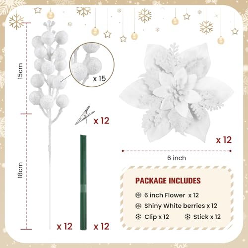 Alupssuc 24 Pieces Christmas Tree Decorations, 12 PCS White Poinsettia Flowers Artificial and 12 PCS Glitter Christmas Tree Picks for Christmas Decorations Party Wreath Fireplace Stairs, White - color: White
