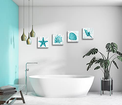 BQVCT Bathroom Wall Decor Teal Watercolor Starfish and Seashell Conch Wall Art Sea Creatures Pictures Ocean Theme Canvas Prints for Bedroom Home Artwork Decor Paintings - color: Teal