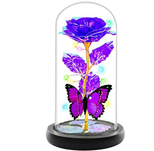 Mothers Day Rose Flower Gifts for Mom, Birthday Gifts for Women, Galaxy Crystal Light Up Rose Flowers in A Glass Dome, Mother Day Presents Wife Grandma Sister Her Mom from Daughter Butterfly Purple - color: A-purple