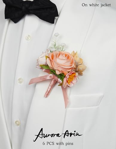 AuroraAria Champagne Boutonniere for Men,Set of 6,Groom Boutonniere for Wedding,Anniversary,Homecoming,Formal Dinner Party,Wedding Decor,Artificial Champagne Rose - color: Champagne