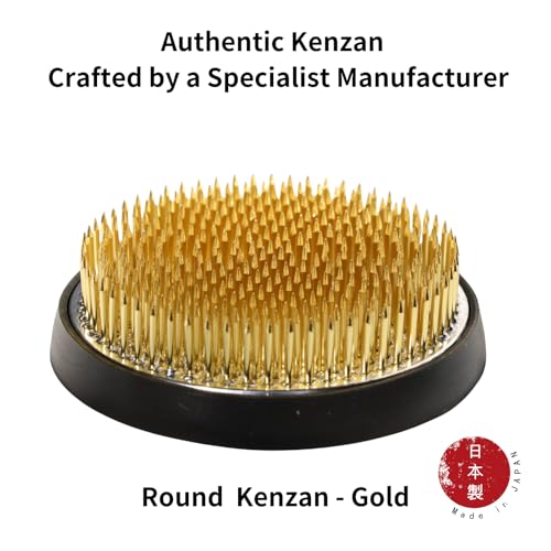 Authentic Japanese Round Kenzan Flower Frog – Made in Japan Ikebana Pin Holder for Flower Arranging (Round 3.1 in, Gold) - color: Gold, size: Round 3.1 in