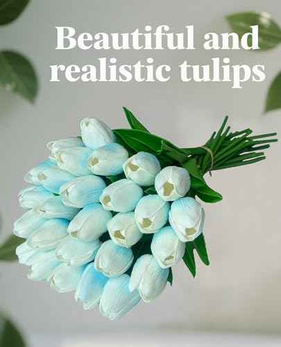 15 Pcs Fake Tulips Artificial Flowers Real Touch PU Faux Flowers Tulip Stems for Wedding Bouquet Floral Arrangement Home Party Office Decorations Mother's Day - color: Ice Blue