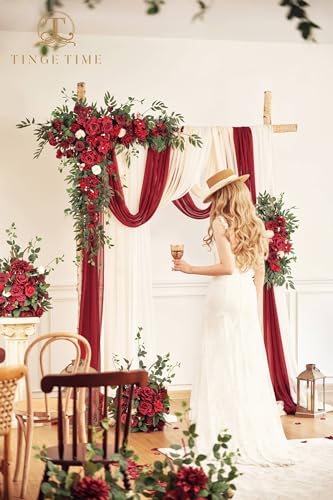 TINGE TIME Wedding Arch Flowers Kit - Deluxe 5pcs Artificial Floral Swag with 3 Sheer Drapes, Realistic Silk Flower Arrangements for Wedding Ceremony Arbor Backdrop Reception Party Home Decor - color: Burgundy Red