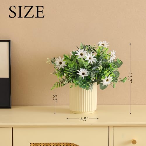 Artificial Flower and Fake Plants in Ceramic Pot,Artificial Plants Indoor, Fake Flowers in Vase for Table Centerpiece Decorations, Faux Plants Flowers Arrangement for Home Office Decoration - color: Green&white