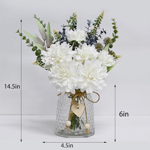 Dahlia Bouquet Mixed Eucalyptus Greenery Indoor Wedding Table Vase Decor | Realistic Silk Fake Floral Arrangement, Farmhouse Table Centerpiece for Kitchen Wedding Bridal Vase Home Indoor Decorations - color: White