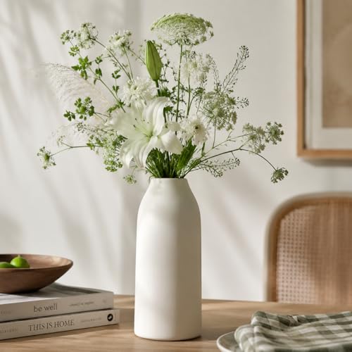 hjn 12 Inch White Ceramic Vase for Flowers, Matte Tall Modern Vase for Decor Minimalist Flower Vase for Home Decor Living Room Tabletop Centerpiece - size: 6D'' x 12"H(matte)