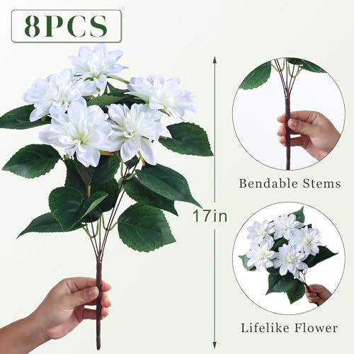 VIERENA 8 Bundles Artificial Dahlia Flowers for Outdoors Spring Summer Decor, No Fade Silk Flower Faux Dahlias Plant Arrangement for Home Garden Balcony Farmhouse（White） - color: White
