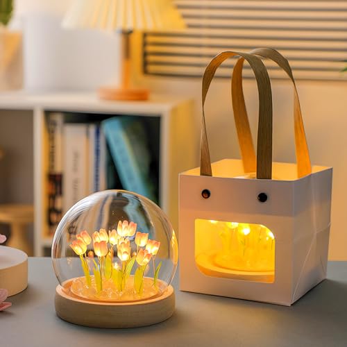 Lifnatty Tulips Lamp Gifts for Women, Tulips Artificial Flowers Night Light, Light Up Pink Tulip in Glass Dome for Bedroom, Unique Birthday Gifts for Women, Mom, Sister, Friends, Cute Home Decor