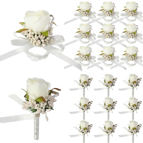 Geosar 20 Pcs Wedding White Corsage and Boutonniere Set Homecoming Artificial Corsage Wristlet and Boutonniere for Men Women Bride Bridesmaid Wedding Flowers Accessories Prom Suit Decorations - color: White