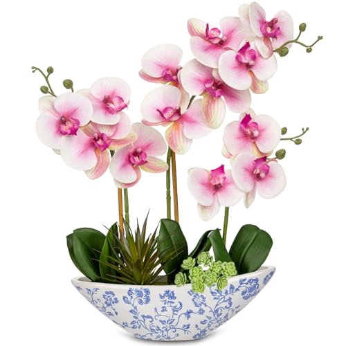 Briful Pink Orchid Fake Flowers 17in Artificial Orchid Silk Flowers in Blue and White Ceramic Vase Faux Orchid Arrangement for Elegant Home Office Room Dining Table Centerpiece Shelf Modern Decor - color: Pink-blue and White Porcelain Vase
