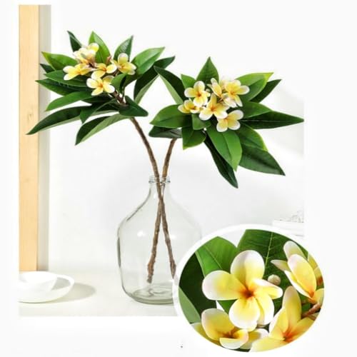 XIYUAN 35.5 Inch Artificial Flowers Artificial Frangipani Flower 2 Stems Lifelike Real Touch Artificial Plumeria Flowers for Home Party Wedding Bouquet Home Decoration (Yellow) - color: Yellow