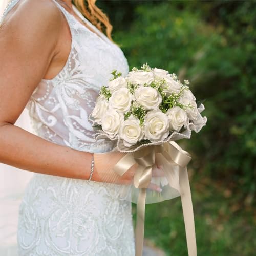 LEIFENY Wedding Bouquets for Bride, Ivory White Bridal Bridesmaid Wedding Flowers, Artificial Toss Rose with Silk Ribbon for Civil Ceremony