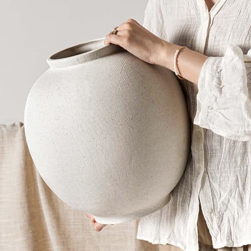 White Ceramic Vase - Large 13.5 Inch Round Floor Vase for Centerpieces, Farmhouse Flower Vases, Rustic Minimalist Home Decor (Sandstone White) - color: Sandstone White, size: 13.5 Inch